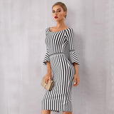 striped flare long sleeves off shoulder bodycon dress