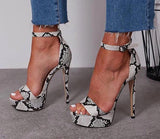 snake print buckle strap platform thin high heeled sandals