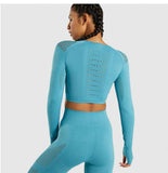 hollow out breathable mesh patchwork seamless long sleeve sportswear