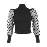 elegant transparent mesh long puff sleeve patchwork polka dot blouse