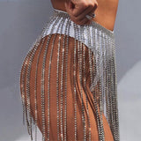 shiny rhinestones long tassels sparkly hollow out skirt belt chain