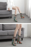 snake print pu leather open toe cross lace up ankle boots
