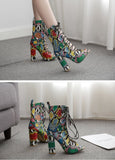 snake print pu leather open toe cross lace up ankle boots