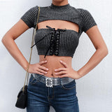 glittered short sleeve mock neck chest cut out crop top