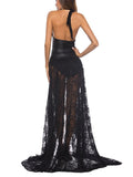sheer floral lace v neck wetlook faux pu leather party dress
