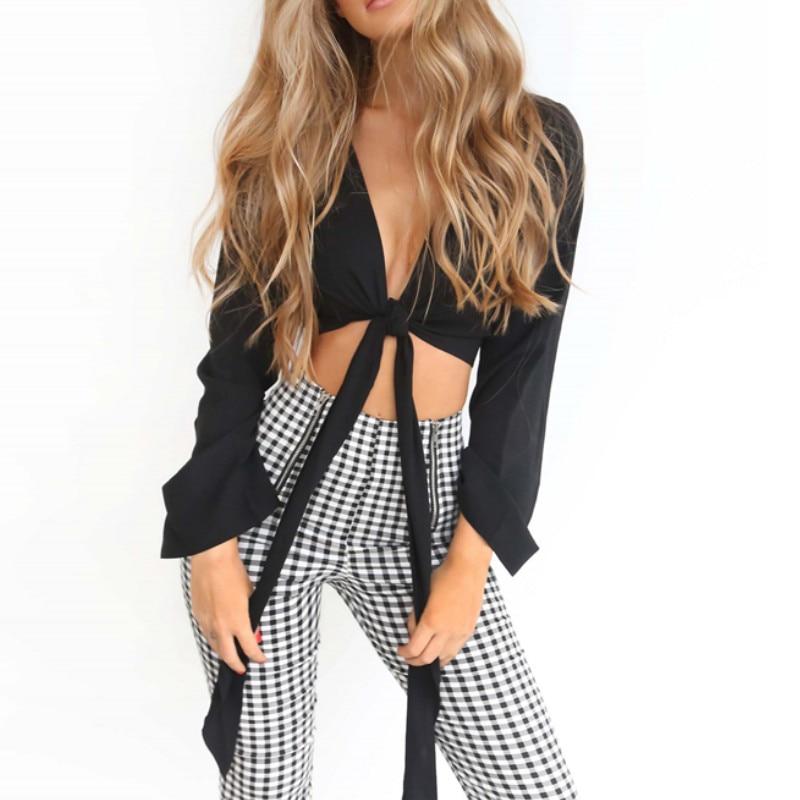 bowknot lace up flared sleeve chiffon crop top