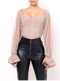 ruched square neck long sleeve polka dot crop top