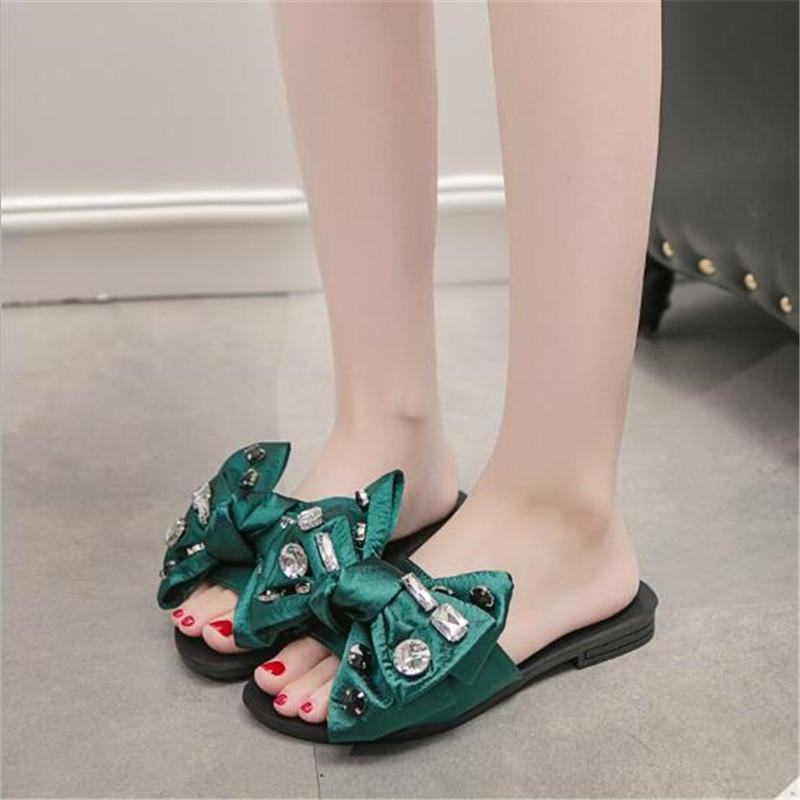 crystal decorated bow tie strap anti skid flat slippers