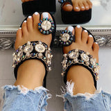 crystal button rhinestone butterfly knot decor casual platform slippers