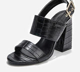 crocodile pattern pu leather round toe ankle metal t strap high heel sandal