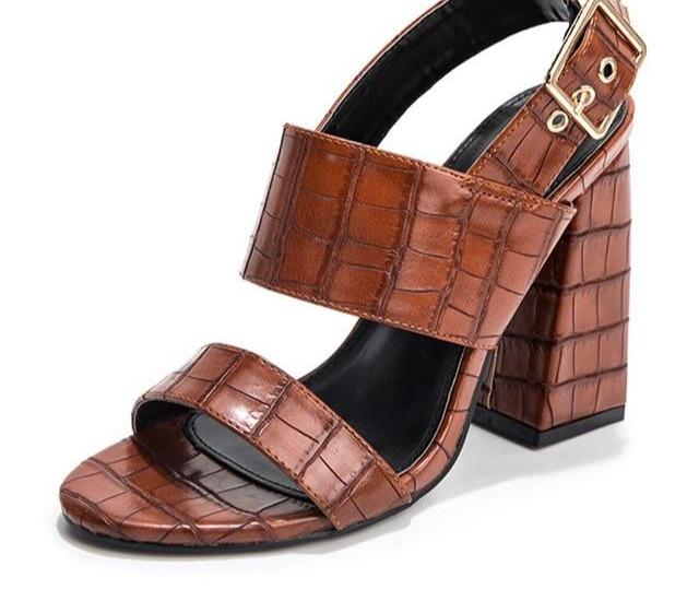 crocodile pattern pu leather round toe ankle metal t strap high heel sandal