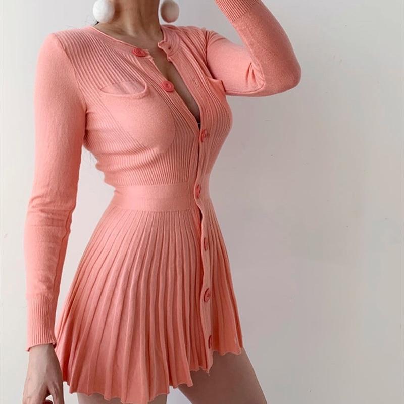 button down single breasted pleated knitted long sleeve dress