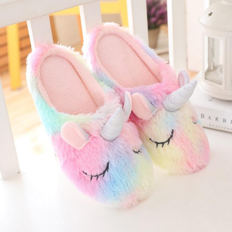 multicolor cartoon rainbow unicorn cozy plush indoor slippers