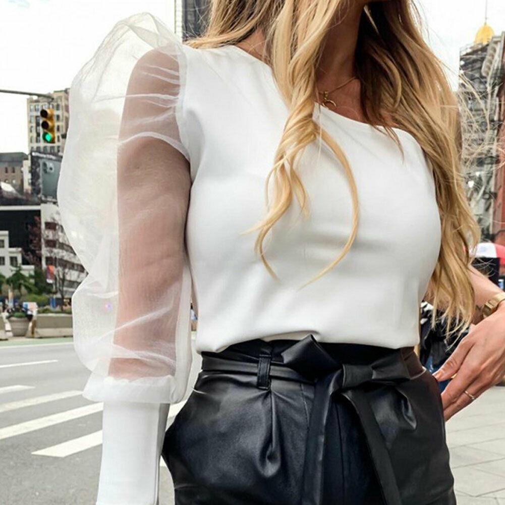 one shoulder mesh sheer net puff long sleeve blouse