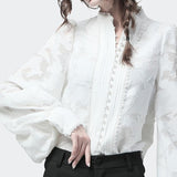 pearl button down stand collar lace patchwork lantern sleeves blouse