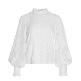 pearl button down stand collar lace patchwork lantern sleeves blouse