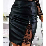 high waist pu leather with floral lace splicing pencil skirt