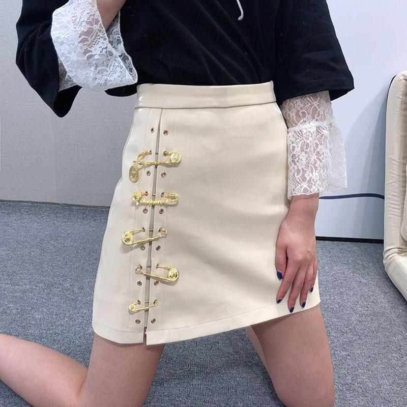 patchwork pins asymmetrical high waist pu leather skirt