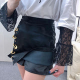 patchwork pins asymmetrical high waist pu leather skirt
