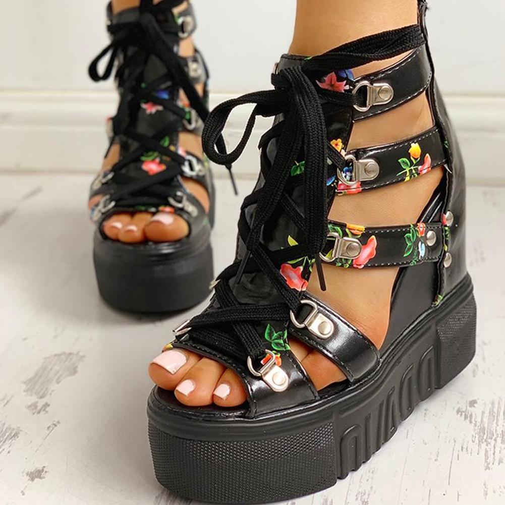 floral pu leather lace up chunky super high heel wedge