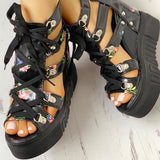 floral pu leather lace up chunky super high heel wedge