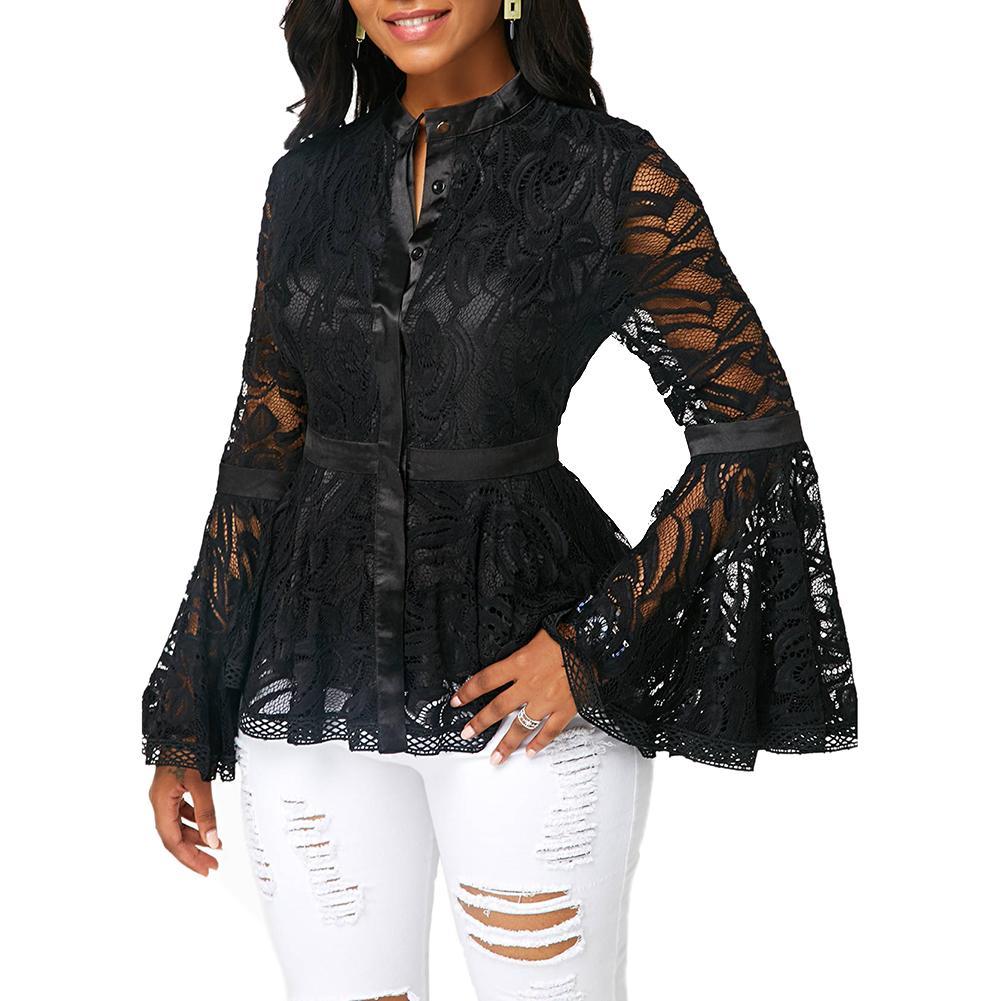 see through lace stand collar long flare sleeve blouse