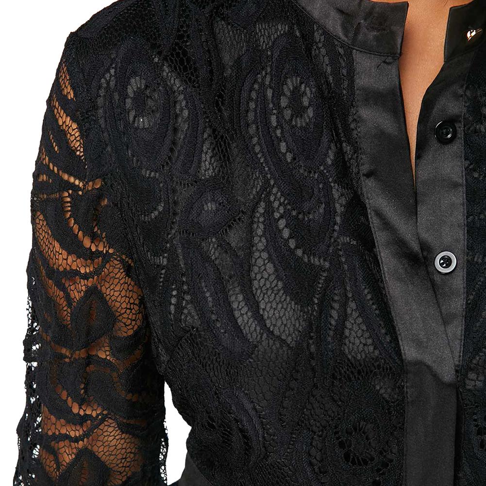 see through lace stand collar long flare sleeve blouse