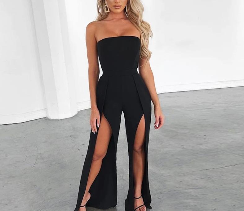strapless high split backless hollow out slim jumpsuit