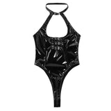 leather strappy buckle zipper open crotch high cut teddy lingerie