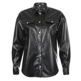 button pocket long sleeve leather blouse