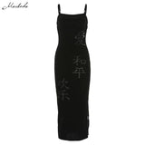 chinese character print spaghetti strap split hip package bodycon dress