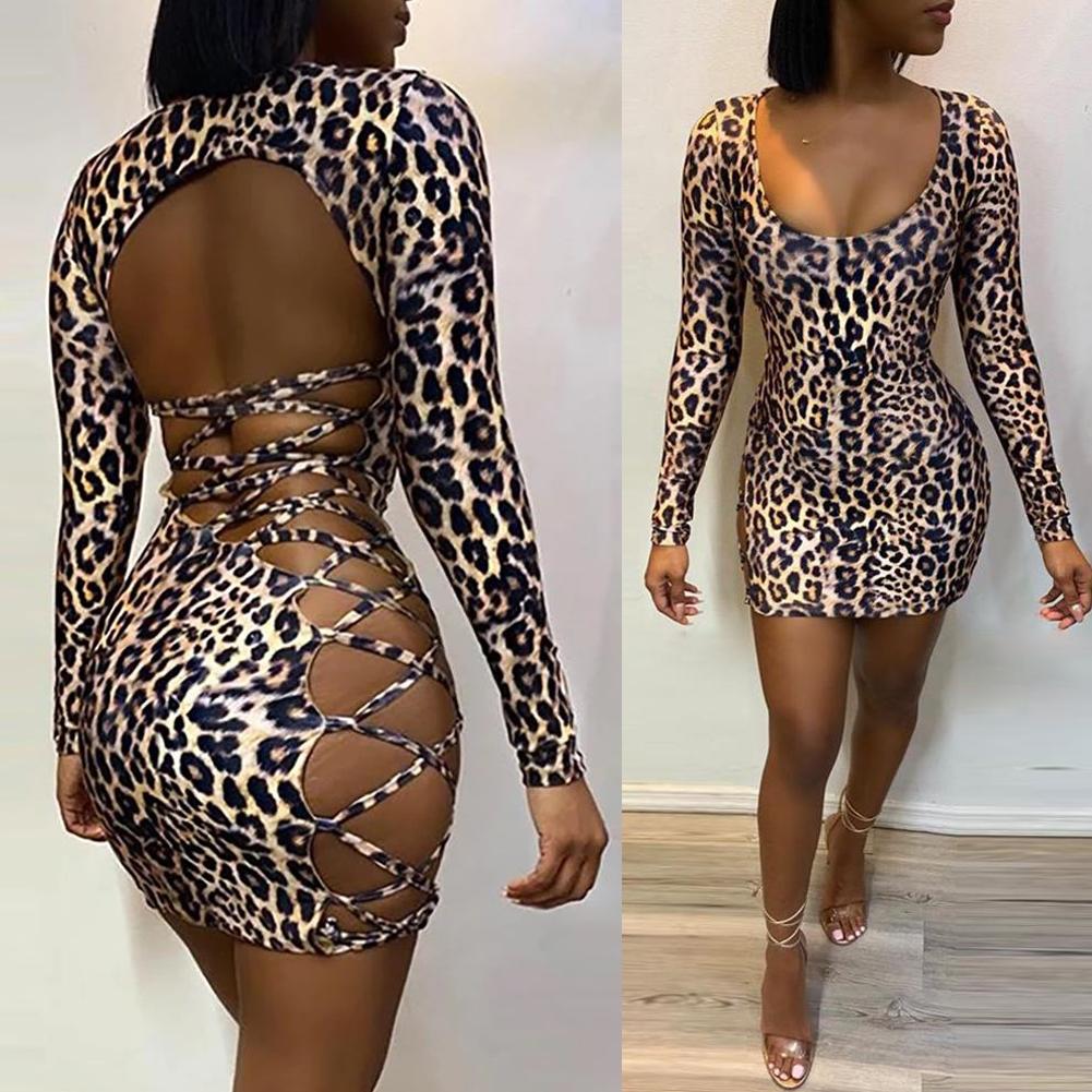 leopard print backless hollow out lace up side mini bodycon dress