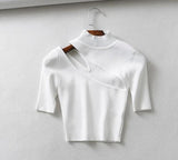 knitted high neck short sleeve ribbed stretch crop top