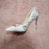 pointed toe elegant silk rhinestone flower high heels shoes