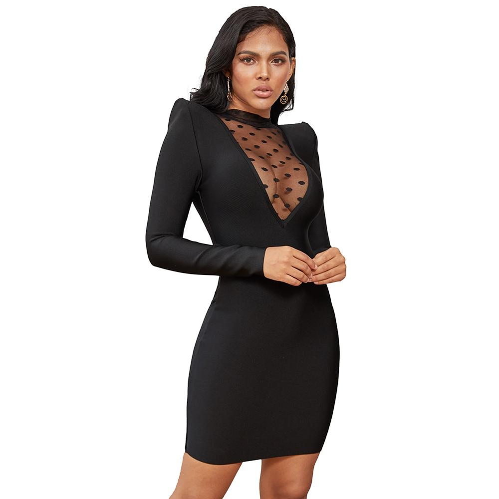 dotted mesh insert semi stand collar long sleeve bodycon dress