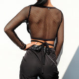 see through fishnet mesh gothic long sleeve crop top