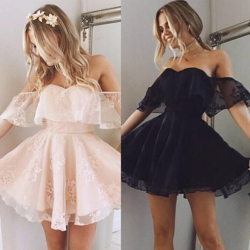 lace prom off shoulder short sleeve party dress