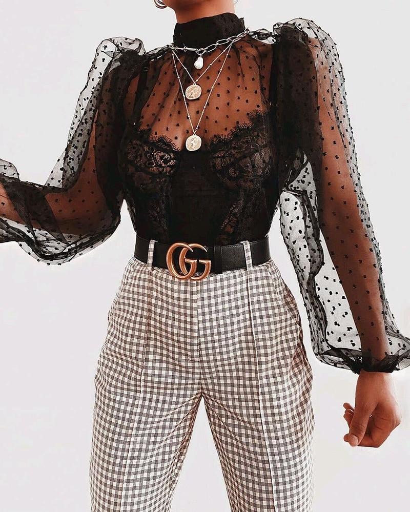 transparent dot embroidery puff long sleeve mesh blouse – mybestLuck