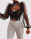 transparent dot embroidery puff long sleeve mesh blouse