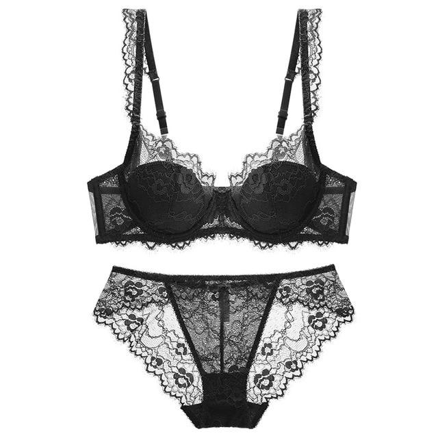 embroidered eyelash lace push up unlined see through bra set lingerie