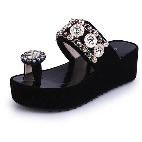 crystal button rhinestone butterfly knot decor casual platform slippers