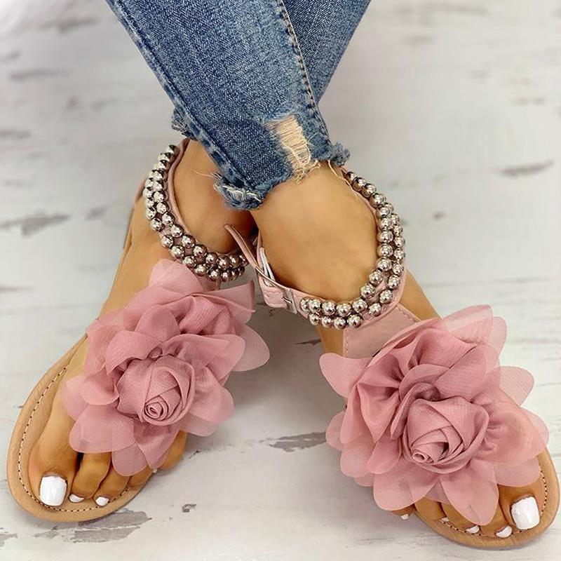 3d flower string beads ankle straps flat sandals