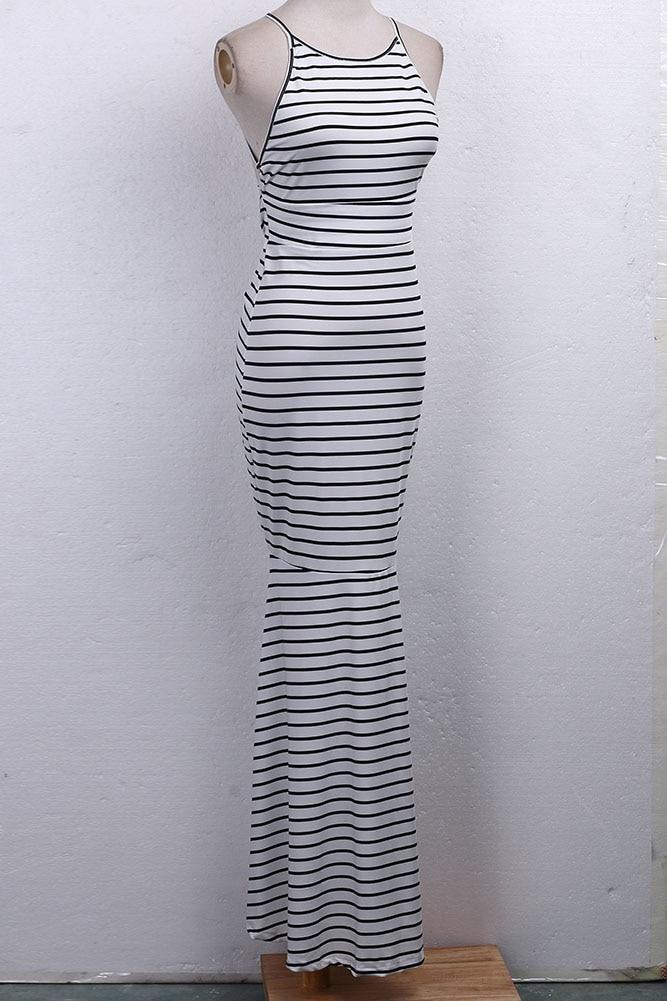 vintage boho striped ruched backless strap maxi dress