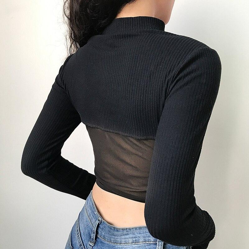 stand collar long sleeve ribbed patchwork mesh crop top