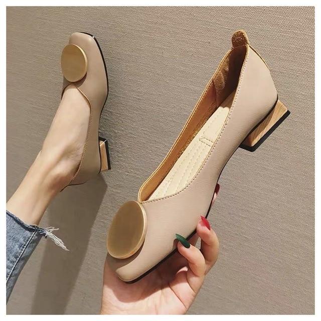 ballet square toe shallow buckle low wooden heel flat slip on