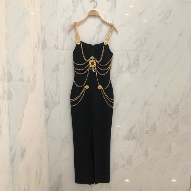 chain decoration sleeveless spaghetti strap split bodycon dress