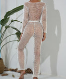 two piece hollow out crochet fishnet tassel see crop top pants cover up set