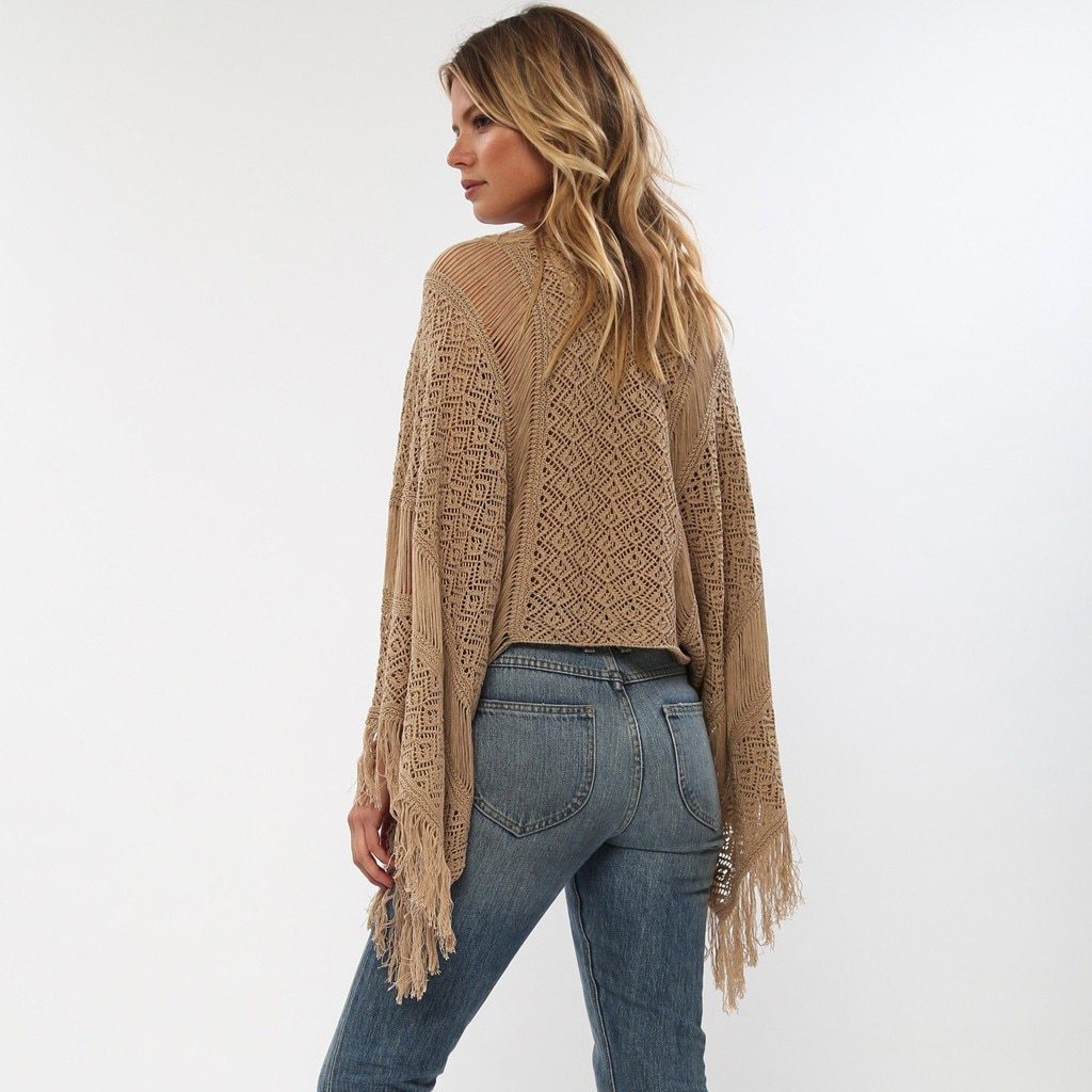 hollow out crochet draped long sleeves crop cover up