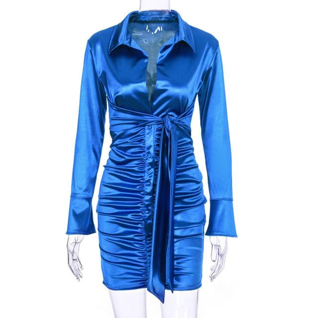 satin ruched lace up long sleeve bodycon dress
