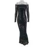 slash neck lace fishtail long sleeve embroidered maxi dress